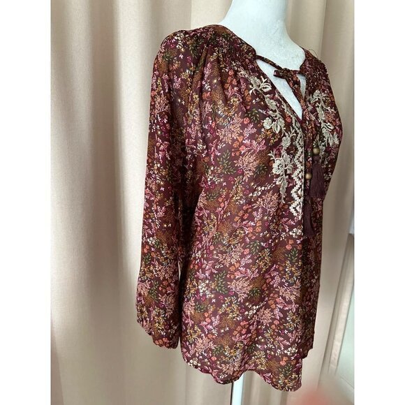 Mason and Belle Floral Flowy Burgundy Floral Blouse Size Large - Picture 5 of 7